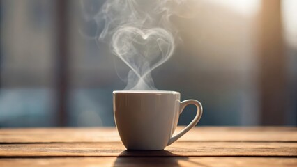 Rising steam from espresso cup shaped like heart &mdash; love for coffee concept
