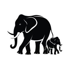 Fototapeta premium Elegant silhouette of an elephant walking with its young calf on a clean white background