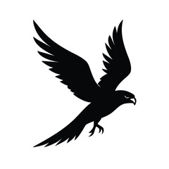 Silhouette of a falcon in a powerful diving pose against a clean white background