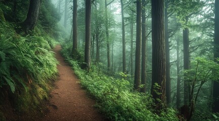 Obraz premium Misty forest trail winding through lush greenery (2)