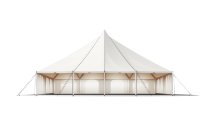 Elegant white event tent ready for weddings, festivals, or large outdoor celebrations and gatherings isolated on white or transparent png.