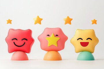 Obraz premium Cartoon faces with stars on their heads. Customer reviews and feedback represented with speech bubbles stars and emoticons on a white background.