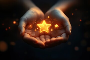 Hand holding a star with a bunch of other stars surrounding. Customer satisfaction concept with glowing check mark and five stars in hands on dark background.