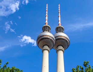 Two iconic towers against a vibrant blue sky