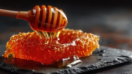 Close-up of honeycomb with dripping honey on a dark slate surface. The honey is golden and glossy, showcasing its rich texture and color.