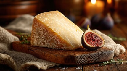 A wedge of aged cheese sits on a wooden board next to a fresh fig. The background features soft candlelight, creating a warm atmosphere.