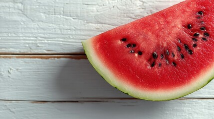 A fresh slice of watermelon rests on a rustic wooden surface. The vibrant red flesh is dotted with black seeds, showcasing its juicy texture.