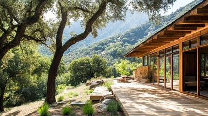 Wooden cabin with large windows nestled in a lush forest overlooking a mountain. Peaceful, inviting