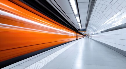 Orange train speeding through modern subway station