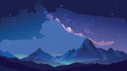 Obraz premium Majestic mountain landscape under a starry sky at twilight with colorful clouds and serene atmosphere