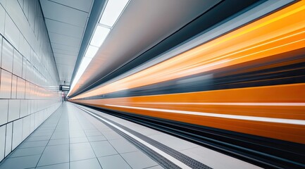 Modern train moving fast through a white subway tunnel