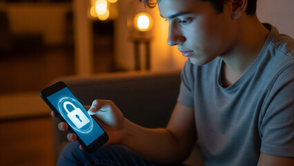 Young man looking at his smartphone screen, which displays a padlock icon, suggesting security or privacy concerns.