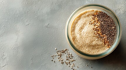 A glass jar filled with a creamy mixture topped with chia seeds and flaxseeds. The background is a textured gray surface.