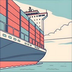 Massive container ship sailing through calm waters under cloudy sky