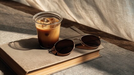 A glass of iced coffee sits on a book next to a pair of sunglasses. The scene is well-lit with soft shadows, creating a relaxed atmosphere.