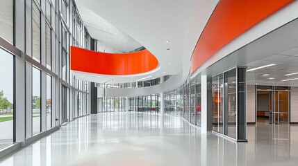 Modern, bright interior hallway with large windows, a curved orange design element, and a reflective floor