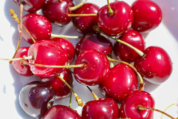 Rich red sweet cherries, covered in water droplets, lie tightly packed, creating an appealing and fresh look. The photo showcases an ideal summer harvest, ready for enjoyment.