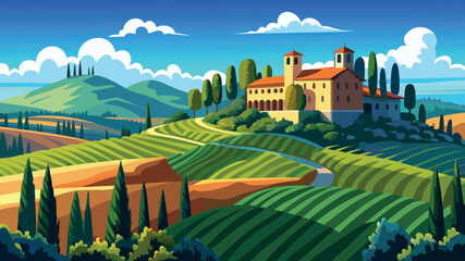 Naklejka premium Stunning countryside landscape with rolling hills, a historic villa, and vibrant green fields under a clear blue sky