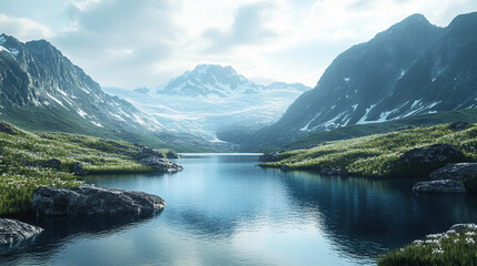 Fototapeta premium Serene mountain lake nestled between snowcapped peaks wildflowers blooming along the shore