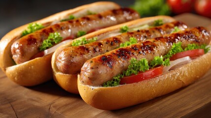 Juicy grilled sausages are placed in soft buns, topped with fresh lettuce and sliced tomatoes, ready to be enjoyed at a lively summer cookout.