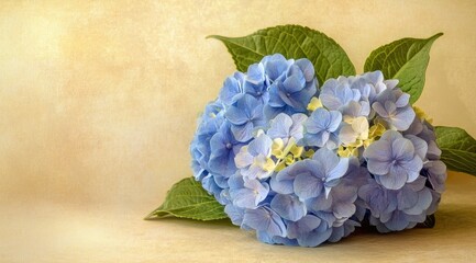 Light-toned backdrop displays a cluster of light blue hydrangeas