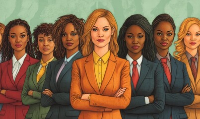 Happy International Womens Day illustration, featuring a diverse group of women in professional suits from different racial backgrounds. This image celebrates womens empowerment, Generative AI