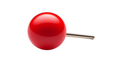 Shiny red pushpin with a steel post to use for maps, presentations, and office organization needs isolated on white or transparent png.