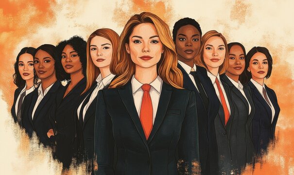 Happy International Womens Day illustration, featuring a diverse group of women in professional suits from different racial backgrounds. This image celebrates womens empowerment, Generative AI - Powered by Adobe