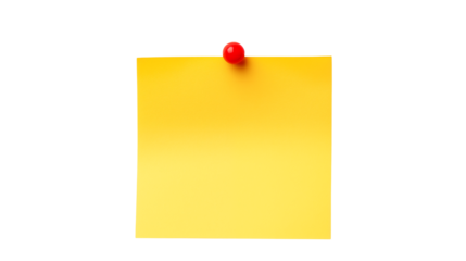 Bright yellow sticky note pinned with a red tack, perfect for reminders or creative brainstorming isolated on white or transparent png.