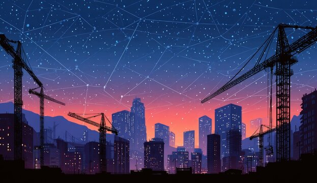 Silhouetted city skyline at twilight, cranes, starry night