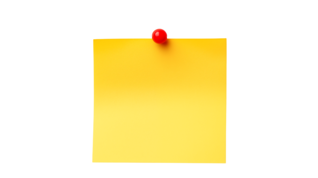 Bright yellow sticky note pinned with a red tack, perfect for reminders or creative brainstorming isolated on white or transparent png.