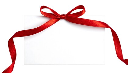 Blank white card adorned with a tied red satin ribbon