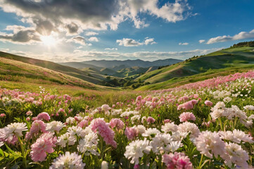 Pink and white flowers bloom across rolling green hills pink flowers rolling landscape