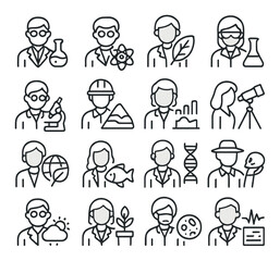 Diverse professions and sciences icon set featuring male and female characters