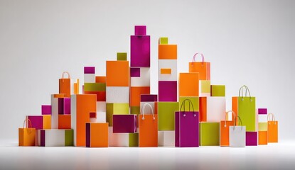 Obraz premium Colorful shopping bags and boxes arranged in a stylized city skyline