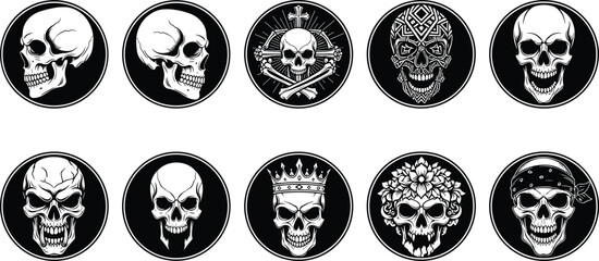 Skull emblem vector set, gothic skulls collection with crown, flowers, tribal, pirate, horror style, tattoo black circle design