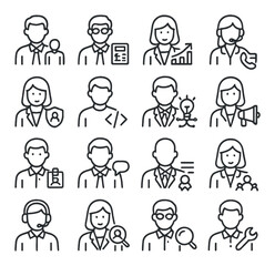 Set of business icon illustrations featuring diverse professionals in various occupations