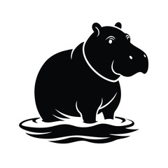 Majestic hippo emerging from water silhouette on a clean white background