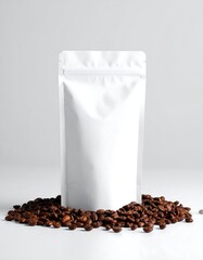 Blank white stand-up pouch on coffee beans