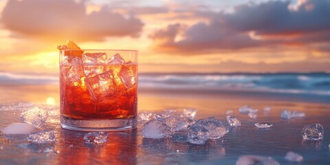 Cocktail with ice cubes at sunset on the beach, a perfect evening escape for relaxation and enjoyment