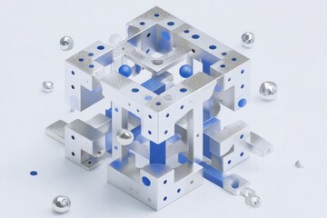 Abstract 3D metallic cube with blue accents and scattered spheres