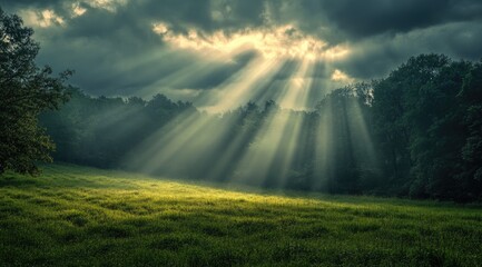 Sunlight piercing through dark clouds over a field