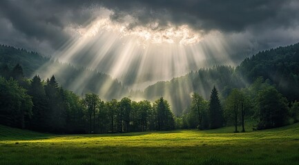 Sunlight piercing through dramatic clouds over a lush valley