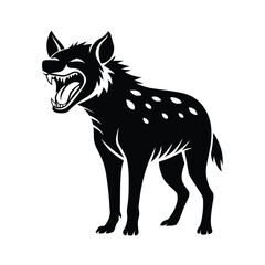 A striking silhouette of a hyena in a laughing posture on a clean white background