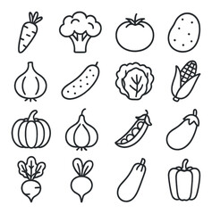 Outlined vegetable icons featuring carrot, broccoli, tomato, and more on dark background