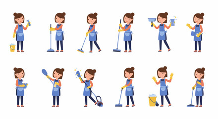 Various poses of woman cleaning set. Perfect for home, office, or cleaning service projects. 