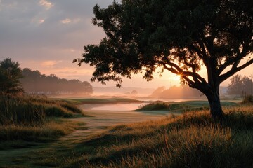 Morning light reveals a tranquil golf teeing ground at sunrise, showcasing the beauty of nature and the start of a perfect day on the course
