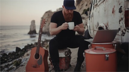 Stylish bearded man sits on beach, sipping coffee from white mug while enjoying serene ocean view. guitar rests beside him, and laptop is open on nearby table, creating relaxed atmosphere