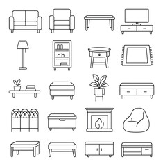 Minimalist furniture icons set: sofas, tables, lamps, shelves, rugs, plants, and more