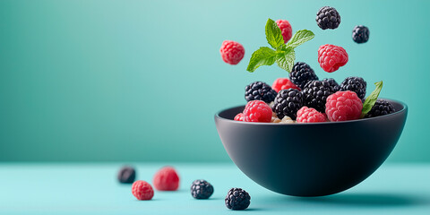 A black bowl filled with plump raspberries and blackberries is artistically arranged against a turquoise background, with some berries playfully leaping out.